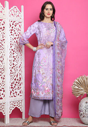 Digital Printed Satin Pakistani Suit in Purple