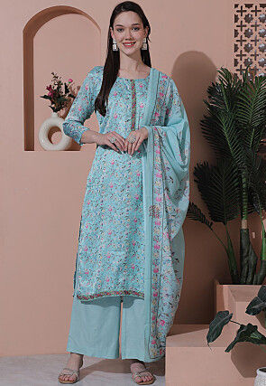 Digital Printed Satin Pakistani Suit in Sky Blue