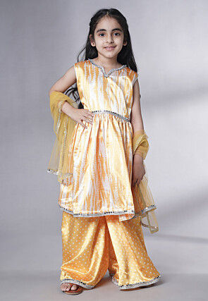 Digital Printed Satin Pakistani Suit in Yellow and Cream