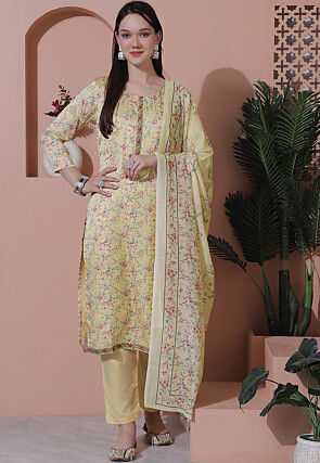 Digital Printed Satin Pakistani Suit in Yellow