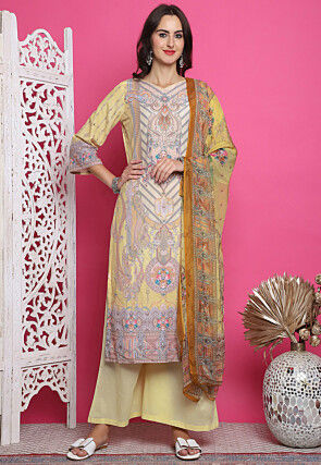 Digital Printed Satin Pakistani Suit in Yellow