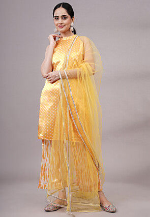 Digital Printed Satin Pakistani Suit in Yellow