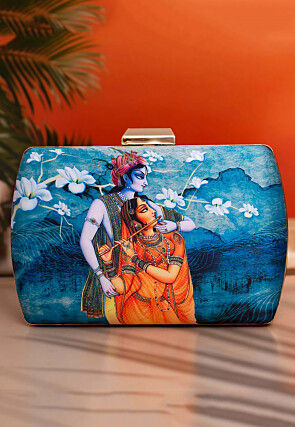 Digital Printed Satin Rectangular Clutch Bag in Blue
