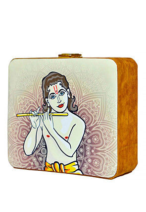 Digital Printed Satin Rectangular Clutch Bag in Off White