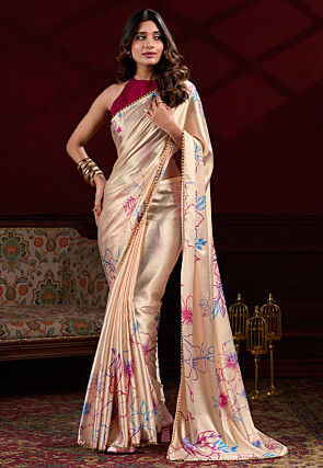 Digital Printed Satin Saree in Beige