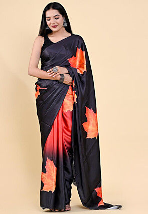 Digital Printed Satin Saree in Black and Red