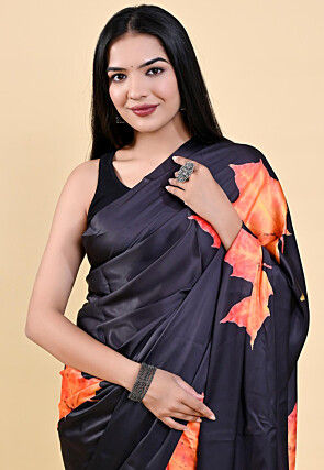 Digital Printed Satin Saree in Black and Red