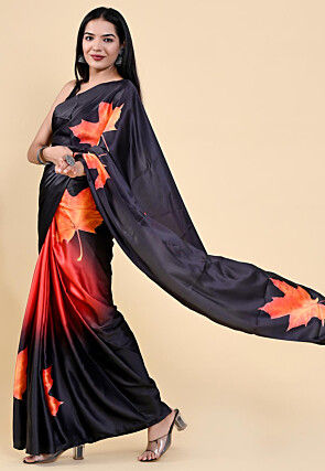 Digital Printed Satin Saree in Black and Red
