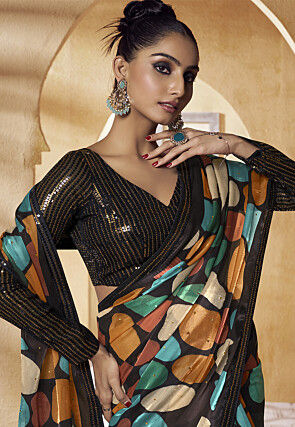 Digital Printed Satin Saree in Black