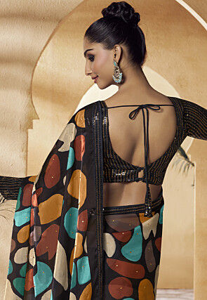 Digital Printed Satin Saree in Black