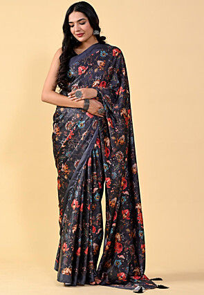 Digital Printed Satin Saree in Black