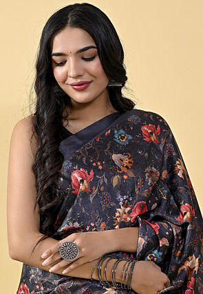 Digital Printed Satin Saree in Black