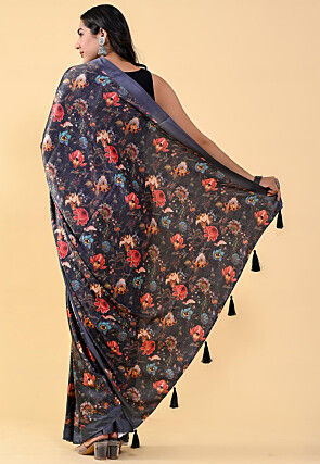 Digital Printed Satin Saree in Black