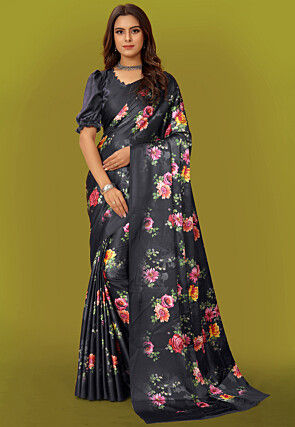Digital Printed Satin Saree in Black