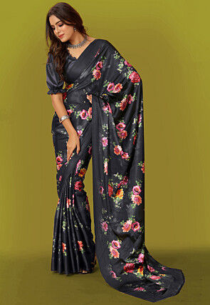 Digital Printed Satin Saree in Black