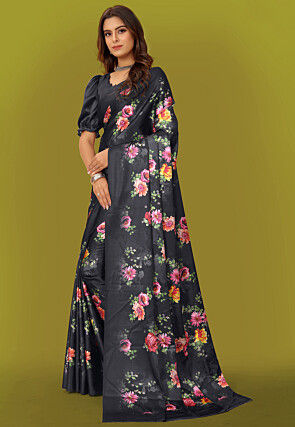 Digital Printed Satin Saree in Black