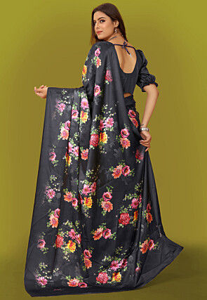 Digital Printed Satin Saree in Black