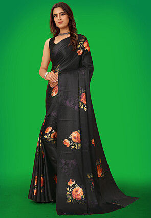 Digital Printed Satin Saree in Black