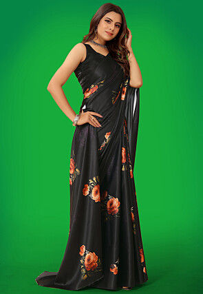 Digital Printed Satin Saree in Black