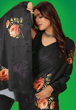 Digital Printed Satin Saree in Black