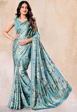 Digital Printed Satin Saree in Blue