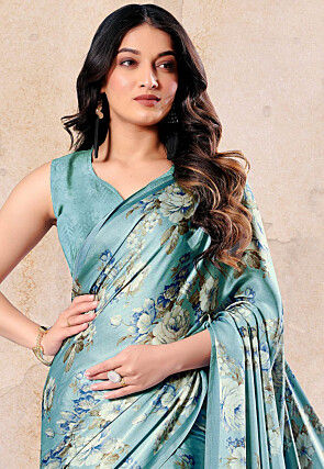 Digital Printed Satin Saree in Blue