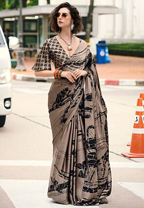 Digital Printed Satin Saree in Brown
