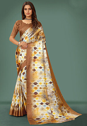 Digital Printed Satin Saree in Cream and Brown
