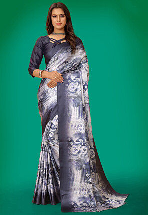 Digital Printed Satin Saree in Cream and Navy Blue