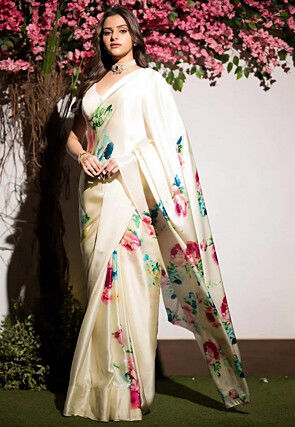 Digital Printed Satin Saree in Cream