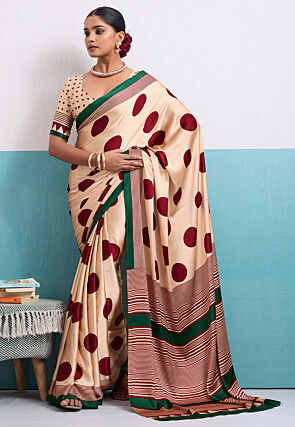 Digital Printed Satin Saree in Cream