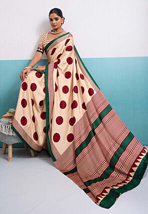 Digital Printed Satin Saree in Cream