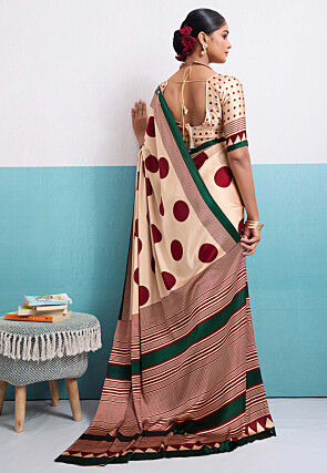 Digital Printed Satin Saree in Cream