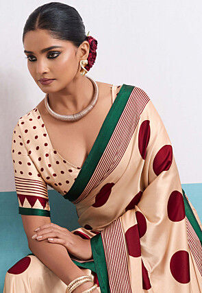 Digital Printed Satin Saree in Cream