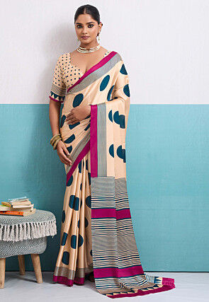 Digital Printed Satin Saree in Cream