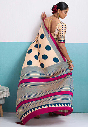 Digital Printed Satin Saree in Cream