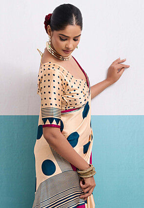 Digital Printed Satin Saree in Cream