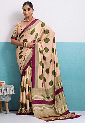 Digital Printed Satin Saree in Cream