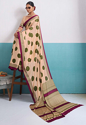 Digital Printed Satin Saree in Cream