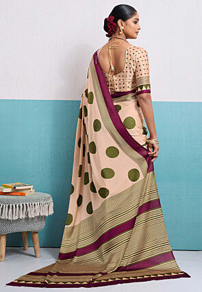 Digital Printed Satin Saree in Cream