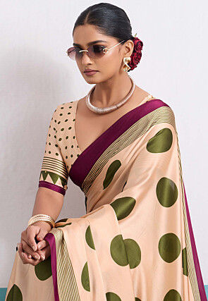 Digital Printed Satin Saree in Cream