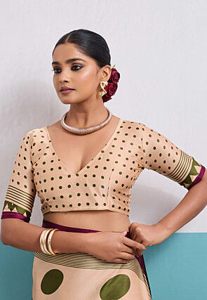 Digital Printed Satin Saree in Cream