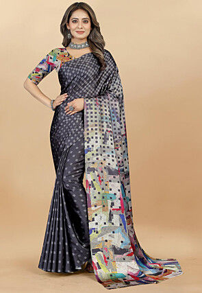 Digital Printed Satin Saree in Dark Grey