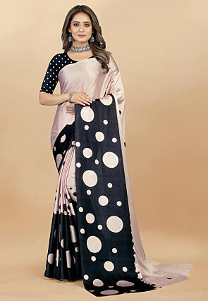 Digital Printed Satin Saree in Light Beige and Black