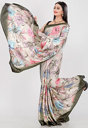 Digital Printed Satin Saree in Light Beige