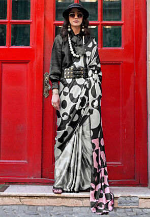 Digital Printed Satin Saree in Light Grey