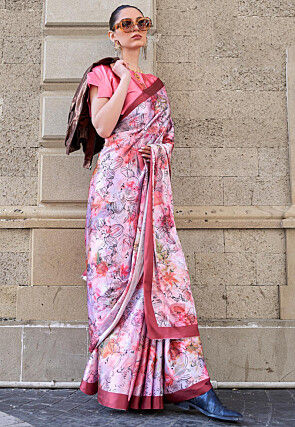 Light Purple Printed Satin Crepe Silk Saree – STORI