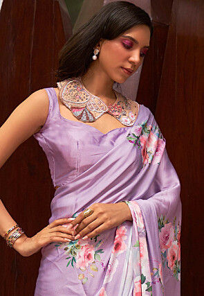Digital Printed Satin Saree in Light Purple