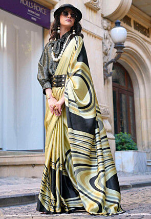 Digital Printed Satin Saree in Light Yelllow and Black