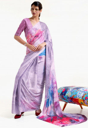 Digital Printed Satin Saree in Lilac